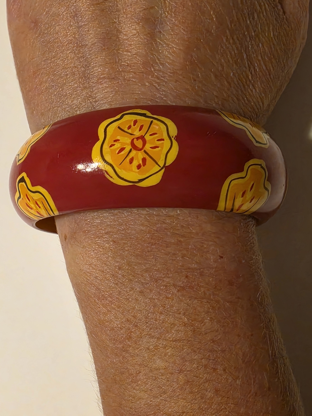 Vintage Boho Hand‑Painted Red & Yellow Floral Bangle Bracelet